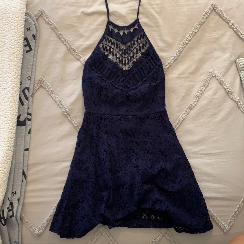 Navy Lace Halter Tie Neck Dress
